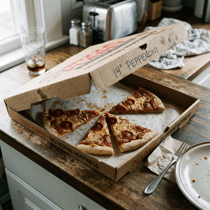 Open pizza box with four pepperoni pizza slices on parchment paper