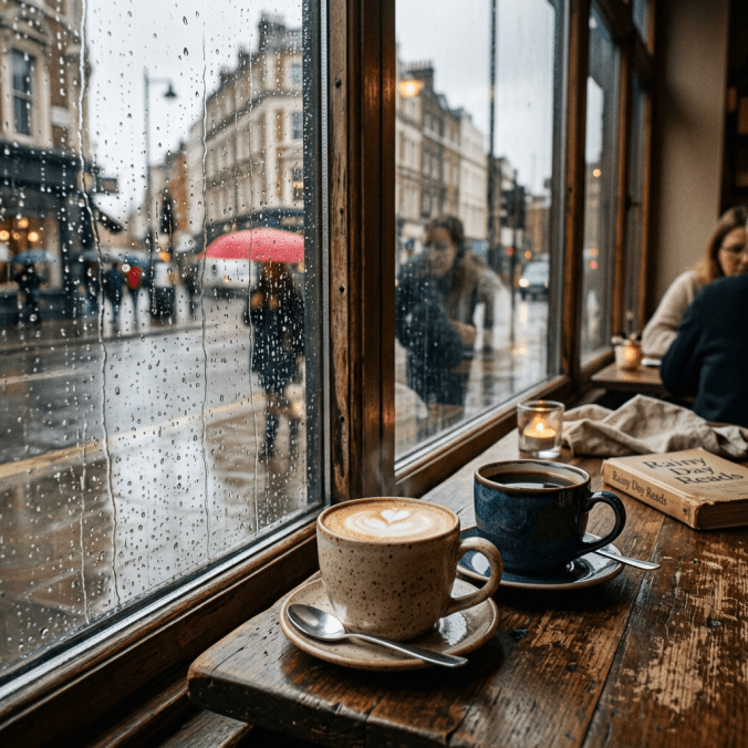 Two coffee cups on café table by rainy window