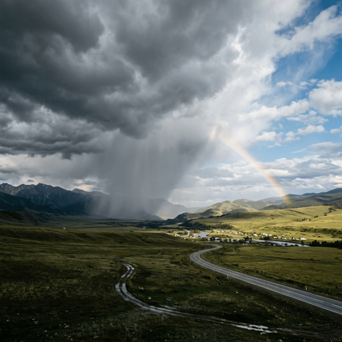 Storm clouds over mountains with rain and rainbow