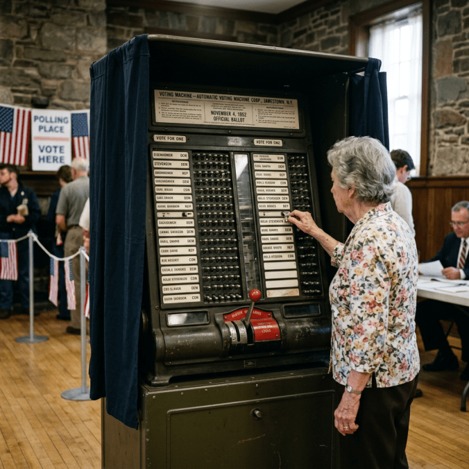 Elderly woman using a 1952 automatic voting machine in a polling place