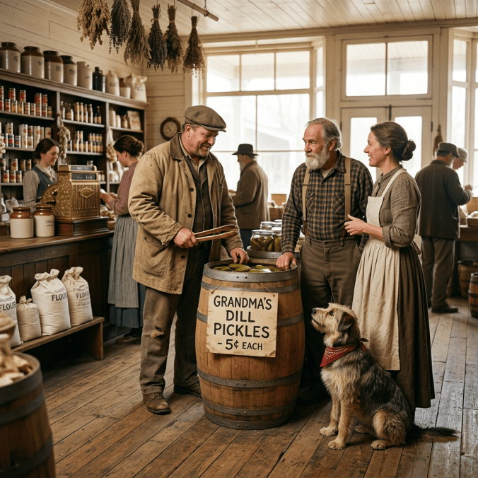 People buying and selling dill pickles at a vintage country store with a dog nearby
