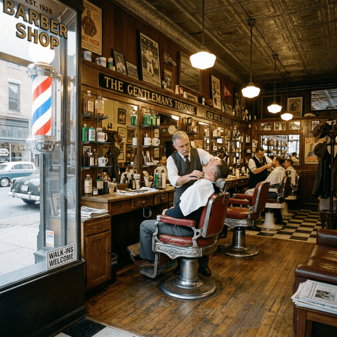 Barbers giving shaves and haircuts to clients in a traditional barbershop with wooden floors and vintage decor