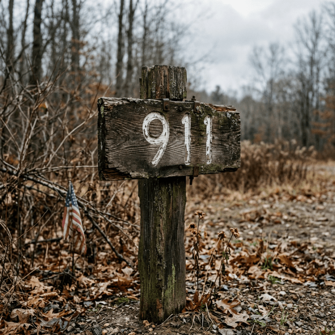 Wooden signpost with white number 911 in a wooded area with fallen leaves and an American flag nearby.