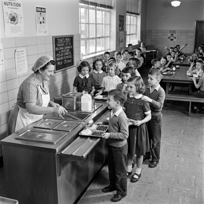 Children in line receiving lunch from cafeteria worker at school