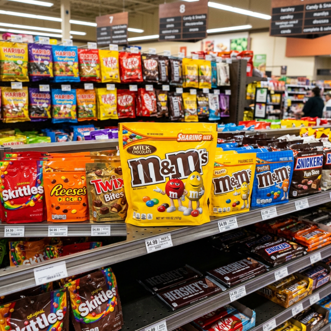 Variety of candy bags such as M&M's, Skittles, Reese's, Twix, Kit Kat, and Snickers on store shelves