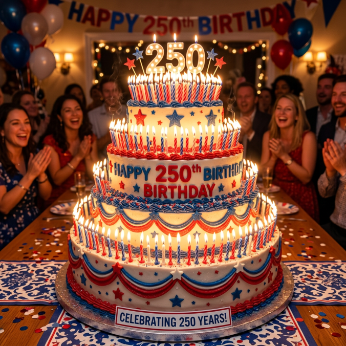 Four-tiered birthday cake with 250 lit candles and red, white, blue decorations celebrating 250th birthday