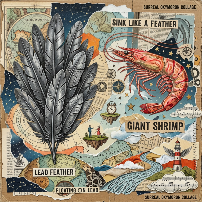 Collage featuring a giant shrimp, metallic lead feathers, vintage maps, floating islands, and various symbols