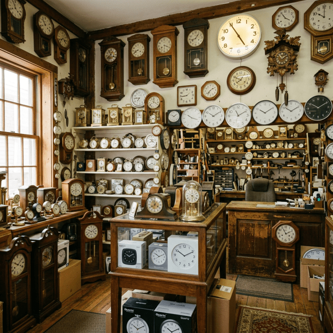 Interior of a clock shop with many vintage and modern wall, mantel, and table clocks
