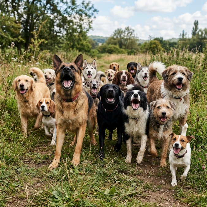 A diverse group of dogs standing and panting on a grassy path in a natural outdoor setting