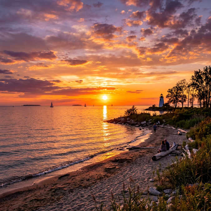 Sunset over lake with sailboats, sandy beach, lighthouse, and people relaxing