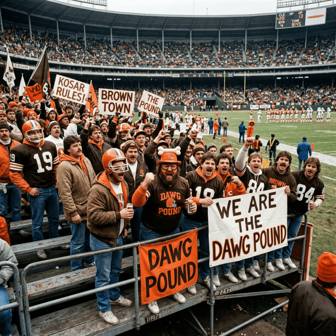 Cleveland Browns fans cheering with signs reading “Dawg Pound” and “We Are the Dawg Pound”