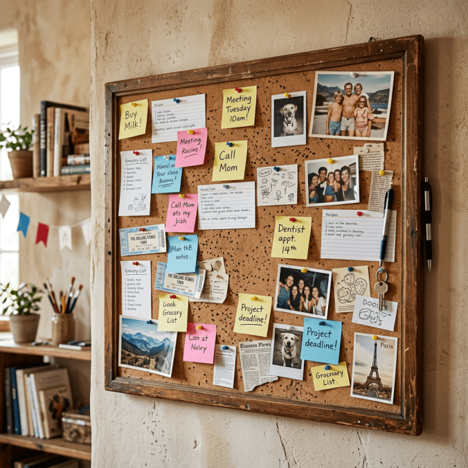Corkboard covered with family photos, handwritten reminders, lists, and travel pictures