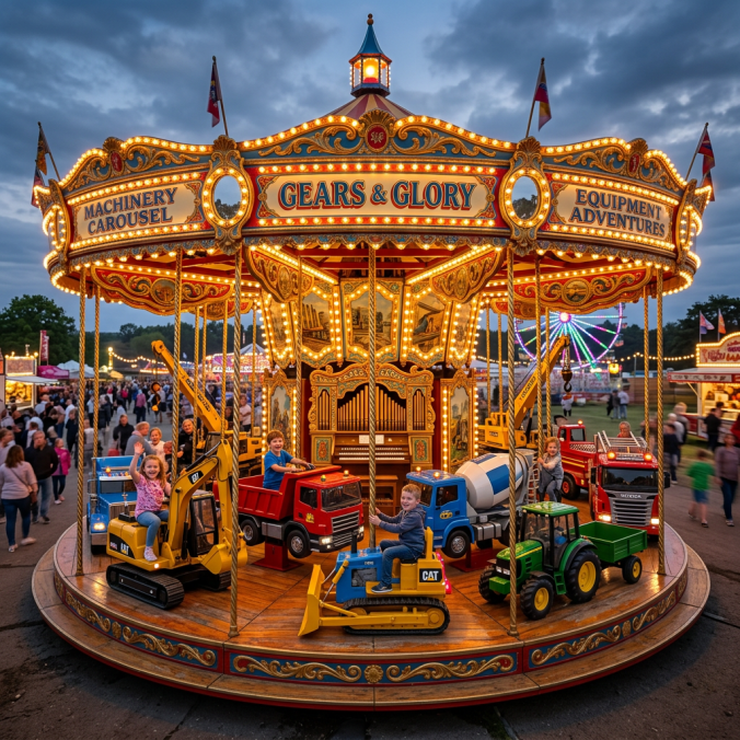 Machinery-themed carousel labeled Gears & Glory with children riding construction vehicles