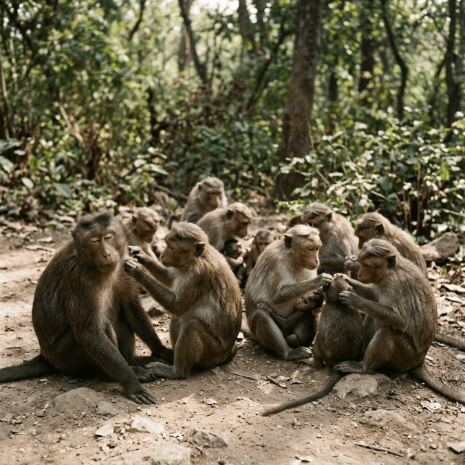 Group of macaques grooming and caring for young monkeys in a forest