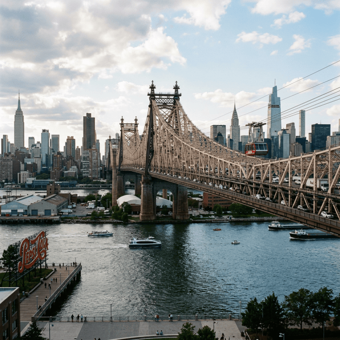 Roosevelt Island tram above Queensboro Bridge and Manhattan skyline