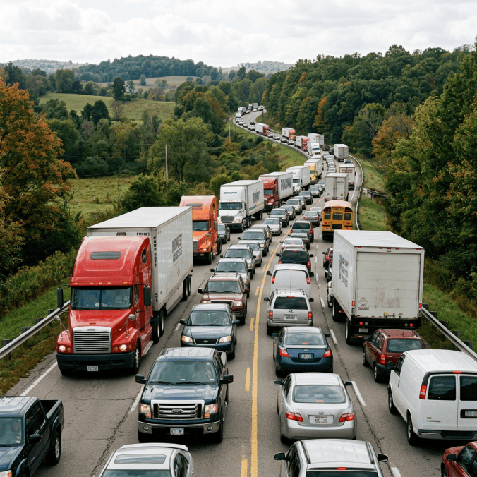 Traffic jam of cars and trucks on a rural highway
