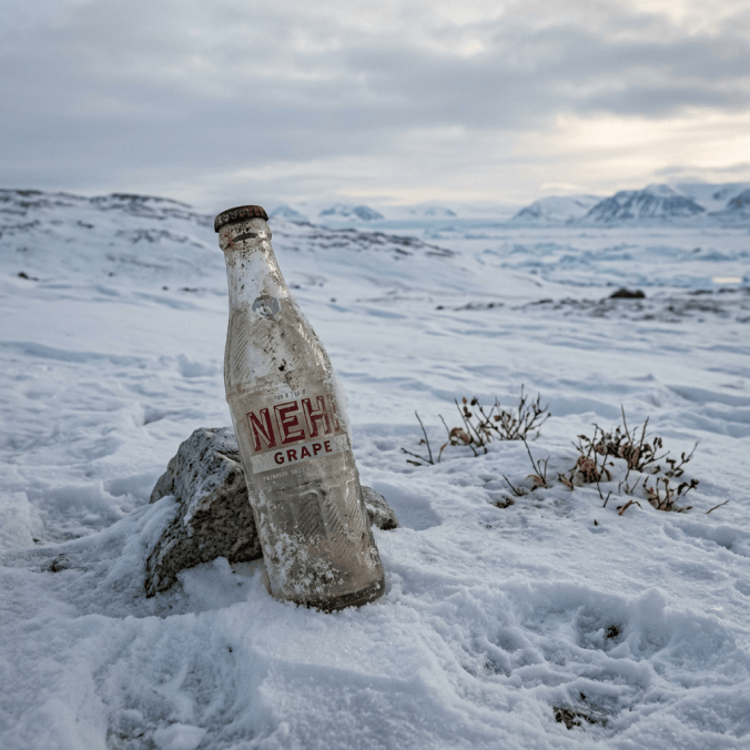 Weathered NEHI Grape bottle partially buried in snow with mountains behind