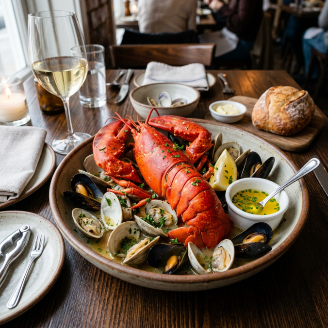 Lobster and assorted shellfish platter with wine, bread, and butter