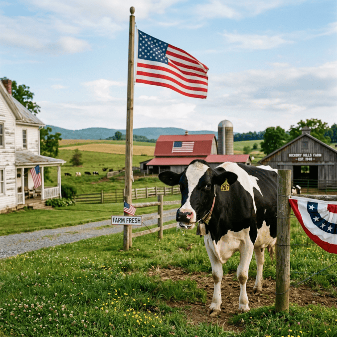 Holstein cow standing at an American-flagged farm with a farm-fresh sign