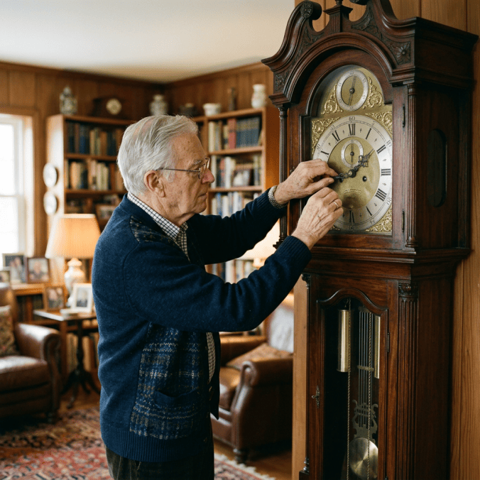 Person adjusting an old clock